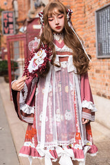 Dark Red Cat Print Chinese Style Bowknot Ruffled High Waisted Long Trumpet Sleeves Sweet Lolita OP Dress - Product - 2