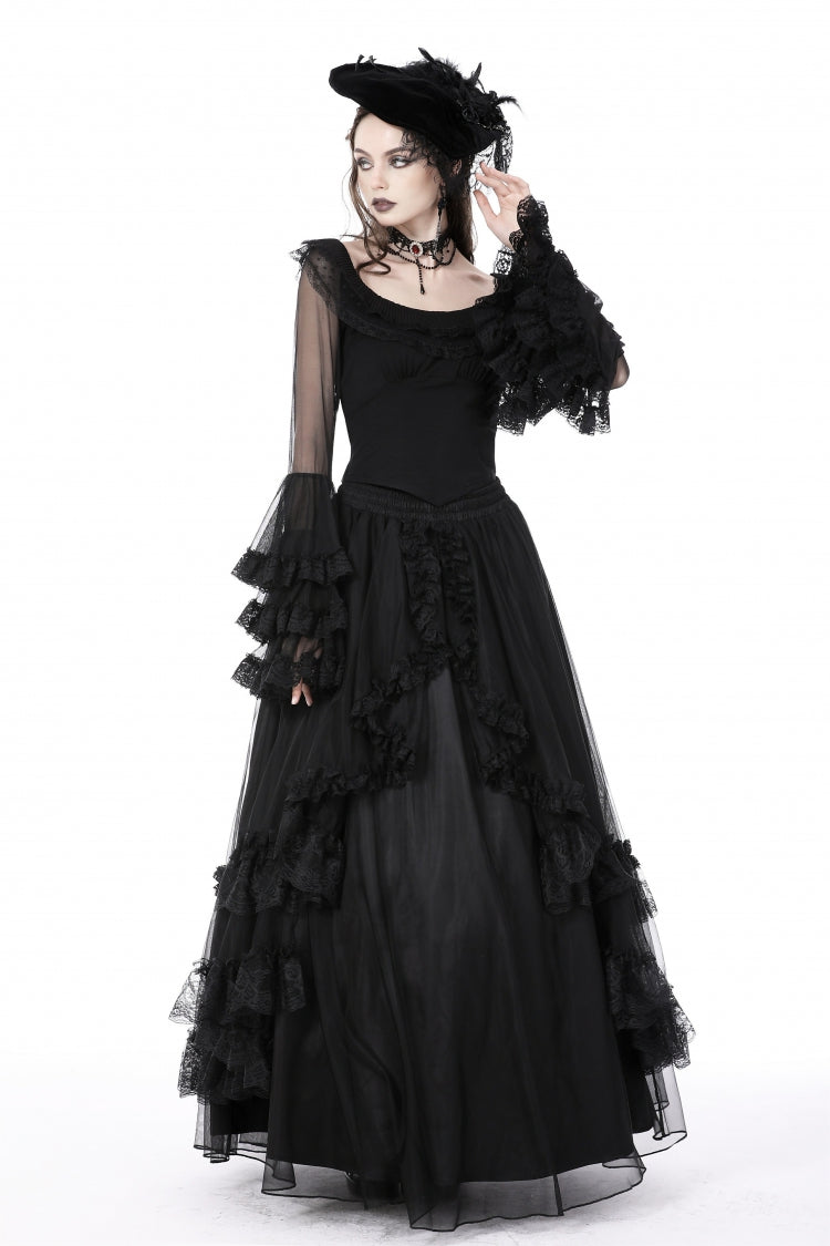 Black Multi-Layered Ruffled Lace Long Trumpet Sleeves Women's Gothic Princess Sexy Top - Product - 9