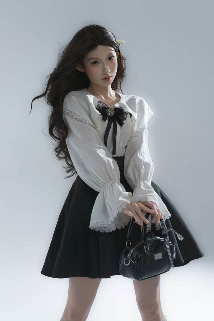 Black/White Lapel Collar Long Sleeves Ruffled Bow Classic Lolita Strap Dress Set - Product - 3