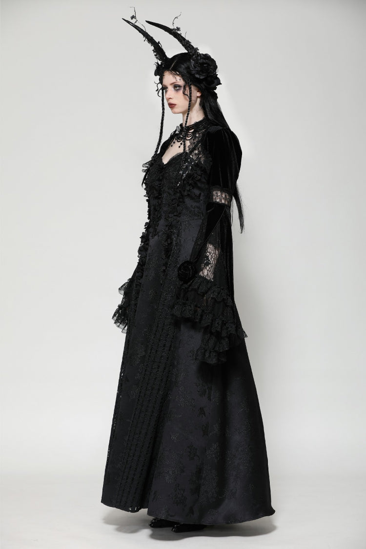 Black Long Puff Flared Sleeves Ruffled Lace Spliced Velvet Women's Gothic Cape - Product - 10
