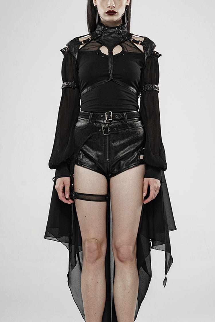 Black Stand Collar Sleeveless Metal Buckle Leather Strap Womens Gothic Cloak - Black - 1