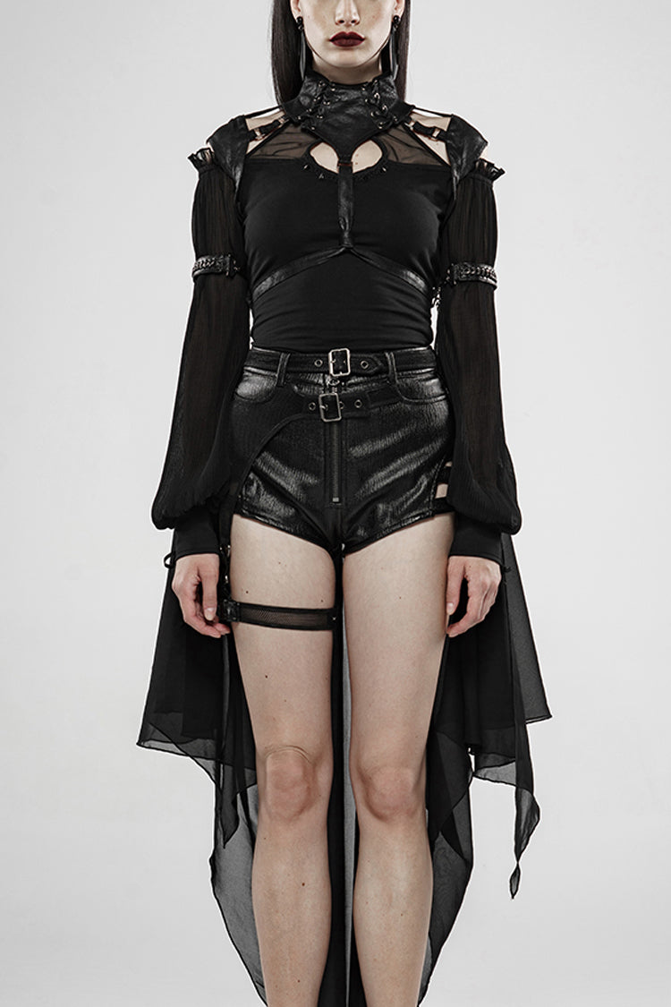 Black Stand Collar Sleeveless Metal Buckle Leather Strap Womens Gothic Cloak - Black - 1