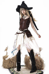 Brown/White [Dune Shadow Seeker] Sleeveless Ruffled Embroidered Irregular Vintage Lolita Skirt Set - Product - 10