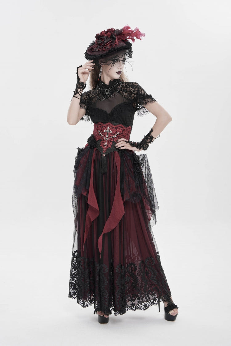 Black/Red Embroidered Lace Women's Gothic Underbust Corset Embroidered Rose Cross Underbust Corset - Product - 7