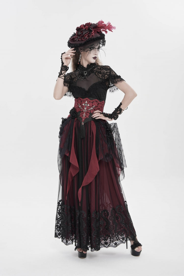 Black/Red Embroidered Lace Women's Gothic Underbust Corset Embroidered Rose Cross Underbust Corset - Product - 7