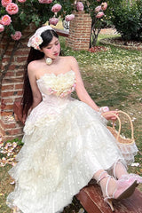 Pink Flower Goddess of Love Ruffle Bowknot Lace Sweet Elegant Lolita Maxi Skirt Dress Set - Product - 9