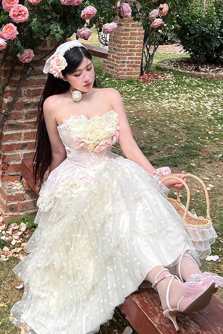 Pink Flower Goddess of Love Ruffle Bowknot Lace Sweet Elegant Lolita Maxi Skirt Dress Set - Product - 9
