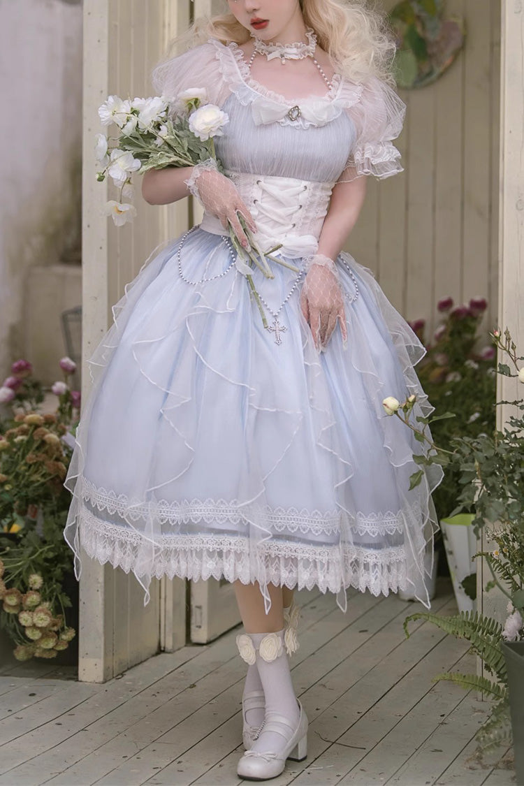 Blue Round Collar Mermaid Tears Short Sleeves Bowknot Sweet Princess Lolita Dress - Blue - 1