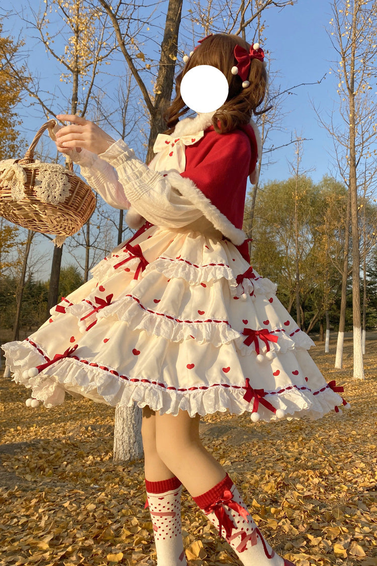 Red/Apricot Triple-Layered Print Ruffle Bowknot Lace Sweet Princess Lolita Dress Cloak Set - Product - 3