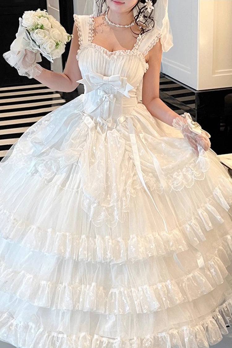 White [Maiden Lace] Off Shoulder Triple-Layered Ruffle Hanayome Bowknot Lace Sweet Lolita Jsk Dress - Product - 4