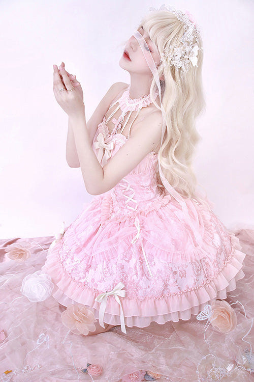 Pink Tube Top Sleeveless Blowknot Ruffled Sweet Lolita Tiered Dress - Product - 7