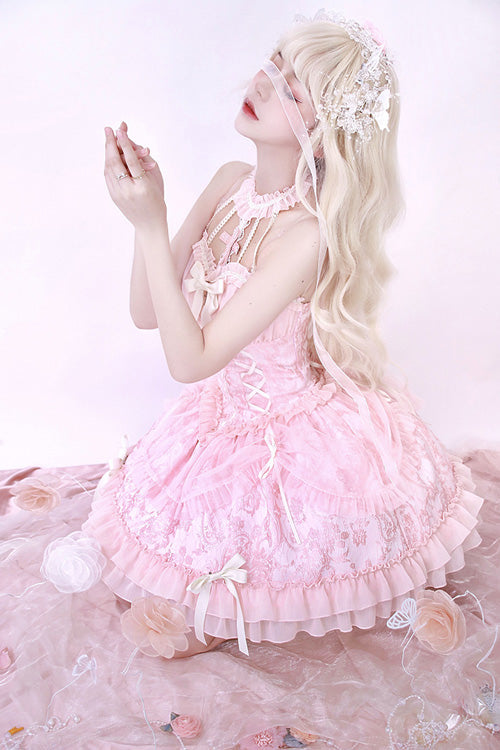 Pink Tube Top Sleeveless Blowknot Ruffled Sweet Lolita Tiered Dress - Product - 7