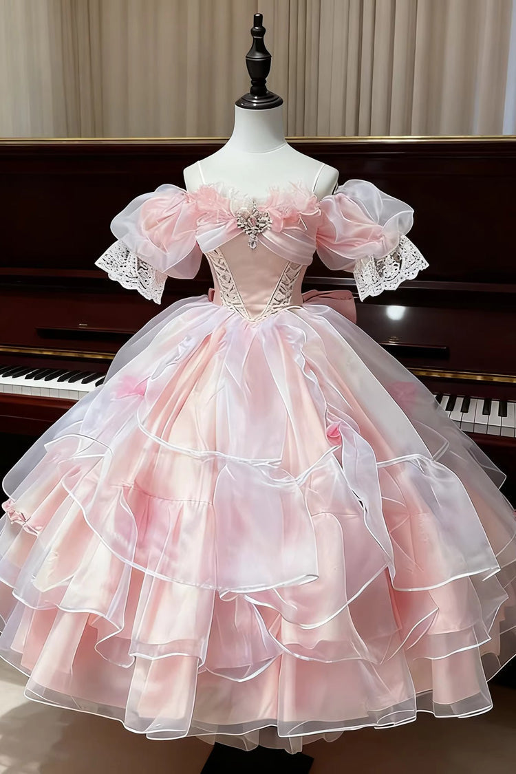 Pink [Mist Sea] Halterneck Short Sleeves Multi-Layered Ruffled Hanayome Bow Lace Sweet Plus Size Lolita Dress - Product - 3