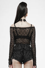 Black Long Sleeves One-Word Collar Transparent Lace Women's Gothic T-Shirt - Product - 3
