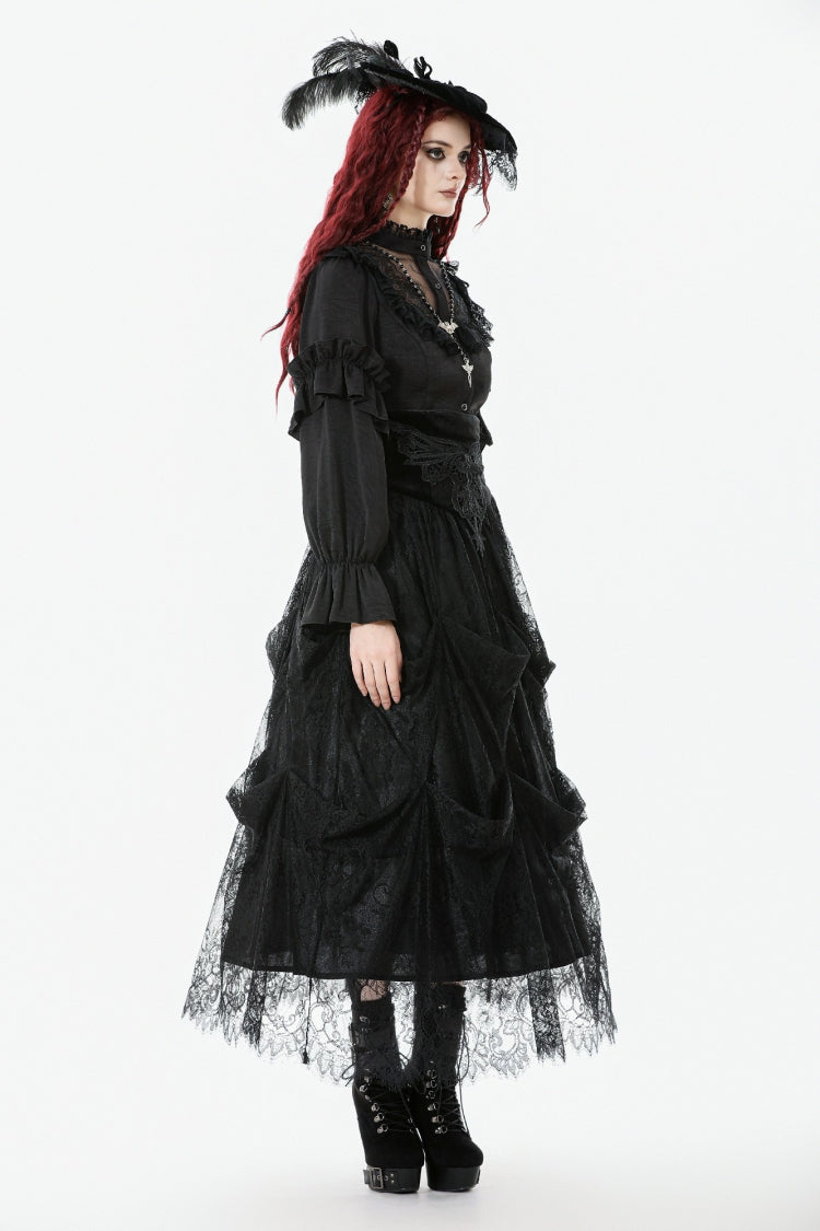 Black Sheer Stand Collar Ruffled Long Lantern Sleeves Women's Gothic Blouse - Product - 2