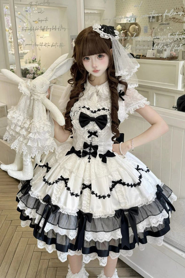 Black/White [Scarlet Heart Cocoa] Sleeveless Triple-Layered Ruffle Embroidery Bowknot Lace Sweet Lolita Jsk Dress - Black/White - 1