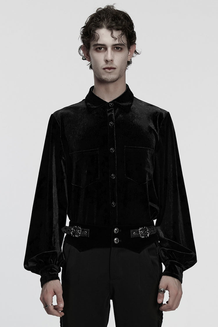 Black Lapel Collar Long Puff Sleeves Men's Gothic Blouse - Black - 1