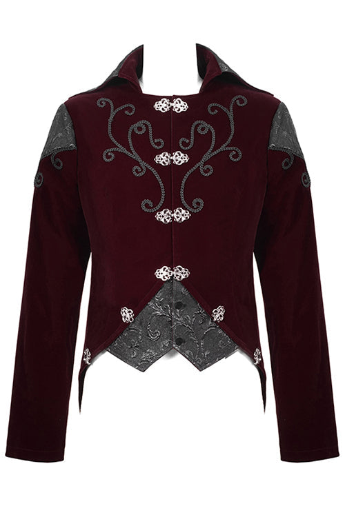 Red Vintage Embroidered Fake Two Pieces Gothic Mens Coat - Product - 4