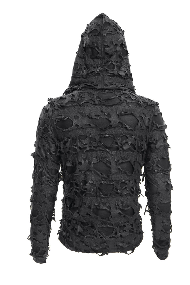 Black Studs Long Sleeves Lace-Up Ripped Men's Gothic Hooded Coat - Product - 10