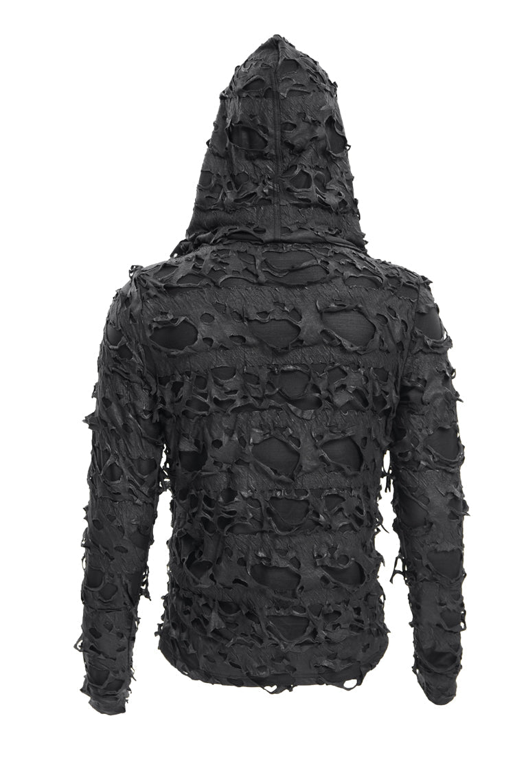 Black Studs Long Sleeves Lace-Up Ripped Men's Gothic Hooded Coat - Product - 10