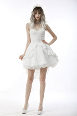 White Sleeveless High/Low Multi-Layered Jacquard Lace Lace-Up Women's Gothic Slip Wedding Graduation Dress - Product - 7