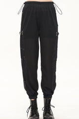 Black Punk Sports Style Metal Five-Star Decoration Trouser Leg Button Detachable Women's Long Pants - Product - 2