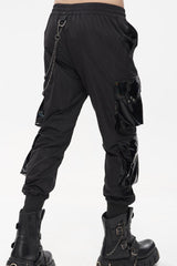 Black Punk Multi Pocket Splicing Illusory Color Removable Metal Left Chain Design Cargo Men's Pants - Product - 2