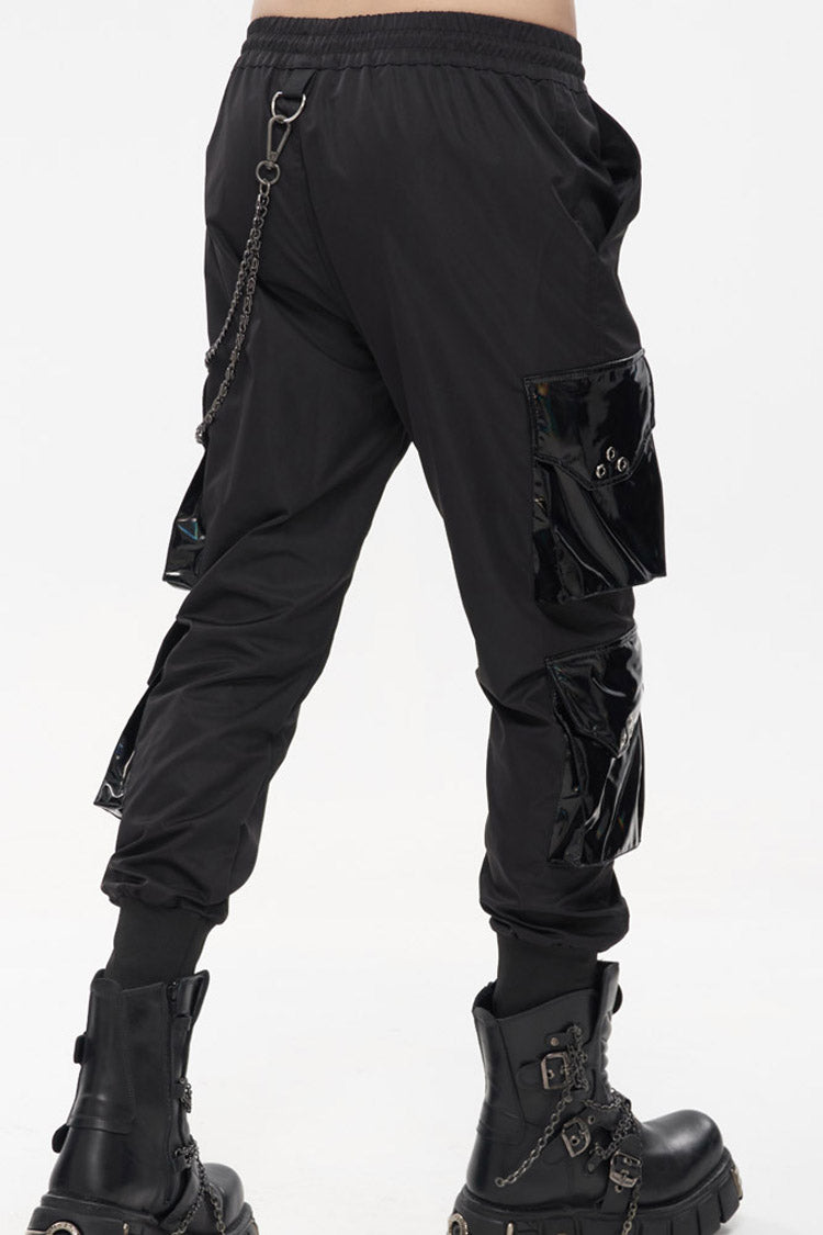 Black Punk Multi Pocket Splicing Illusory Color Removable Metal Left Chain Design Cargo Men's Pants - Product - 2