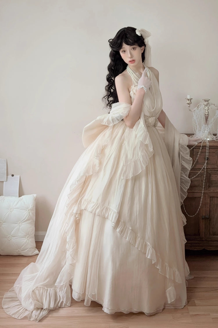 Apricot Halterneck Sleeveless Ruffle Bowknot Lace Sweet Princess Lolita Jsk Long Dress Set - Product - 6