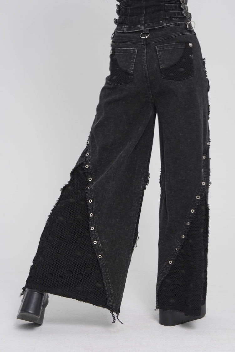 Black Cut-Out Spliced Mesh Eyelet Women's Punk Layered Ripped Pants - Product - 8