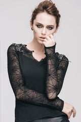 Black Sexy Transparent Spiderweb Back Mesh Long Sleeves Punk Women T-Shirt - Product - 2