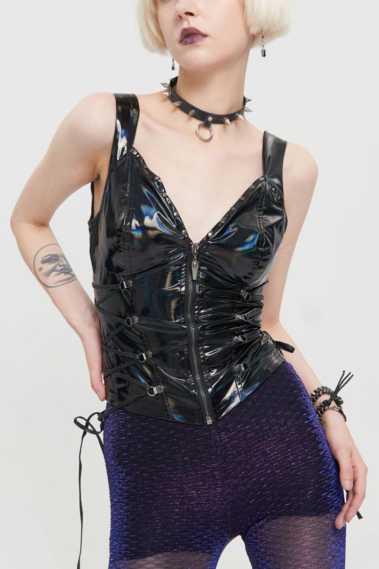 Black Punk Elasticity Color Changing Bright Leather Front Middle Zipper Drawstring On Both Sides Women's Waistcoat - Black - 1