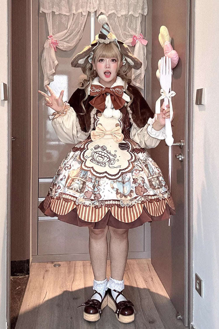 [Bear Cookie] Sleeveless Print Bowknot Sweet Lolita Jsk Dress Set 2 Colors - Product - 9