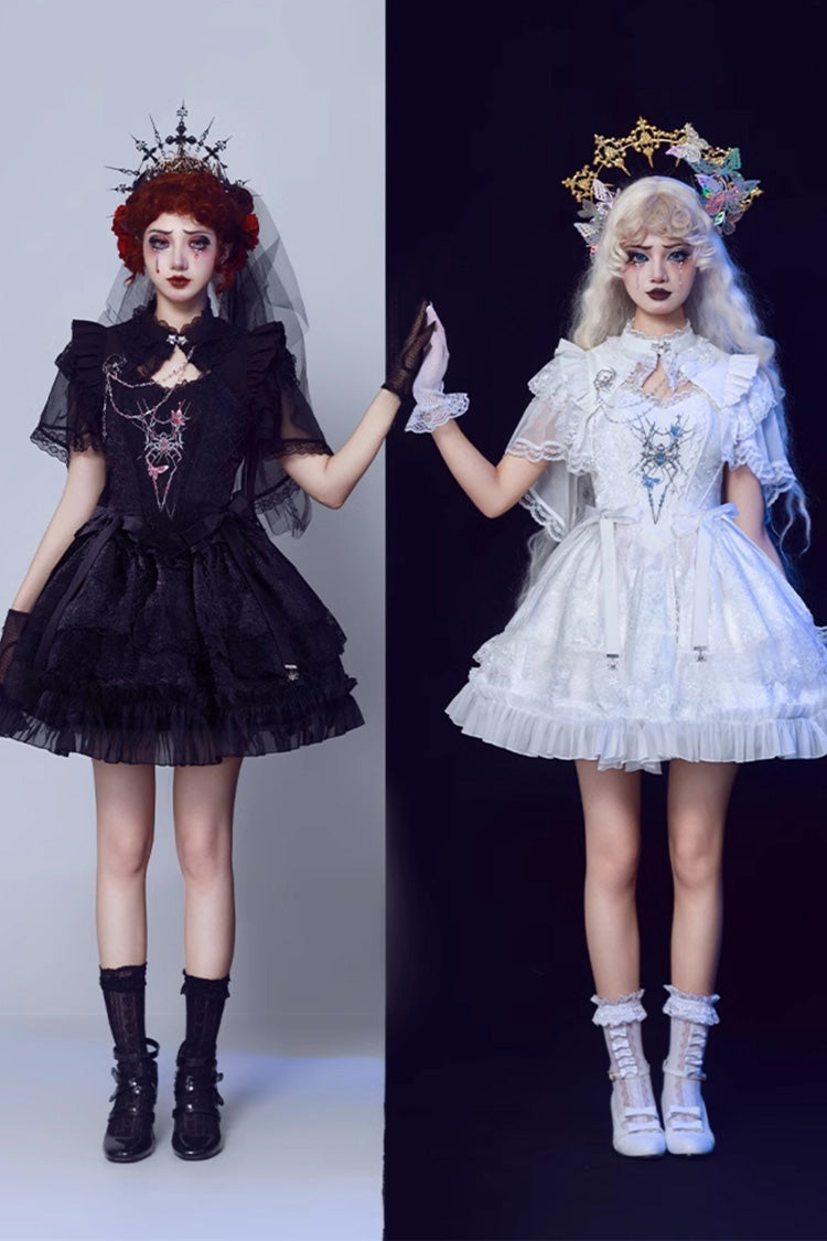 Black Sleeveless Spider Embroidery Bowknot Lace Gothic Princess Lolita Skirt Two-piece Set - Product - 4