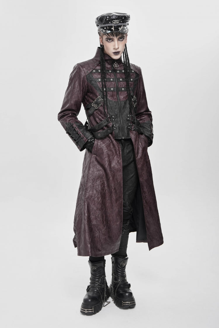 Red Stand Collar Zipper Straps Eyelet Men's Punk Coat - Product - 10