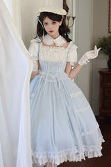 Light Blue Confession Poem Square Collar Short Sleeves Ruffle Sweet Elegant Lolita Dress Set - Product - 8