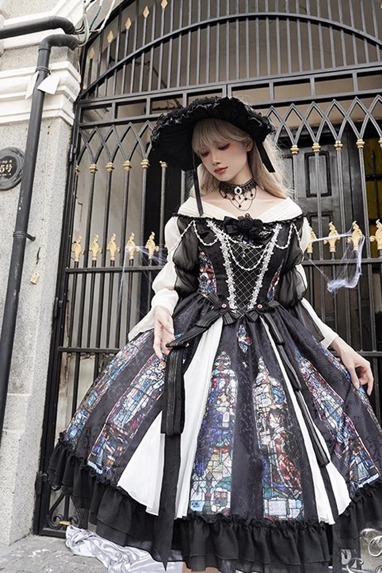 Black Stained Window Print Ruffle Bowknot Gothic Elegant Lolita Jsk Dress - Product - 10