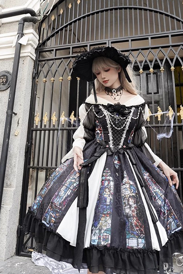 Black Stained Window Print Ruffle Bowknot Gothic Elegant Lolita Jsk Dress - Product - 10