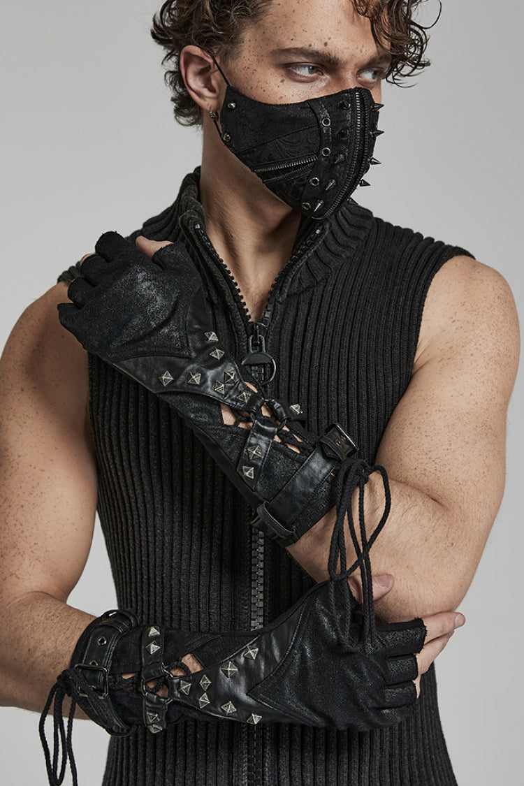 Rivets Print Lace-Up Men's Steampunk Gloves 2 Colors - Product - 2