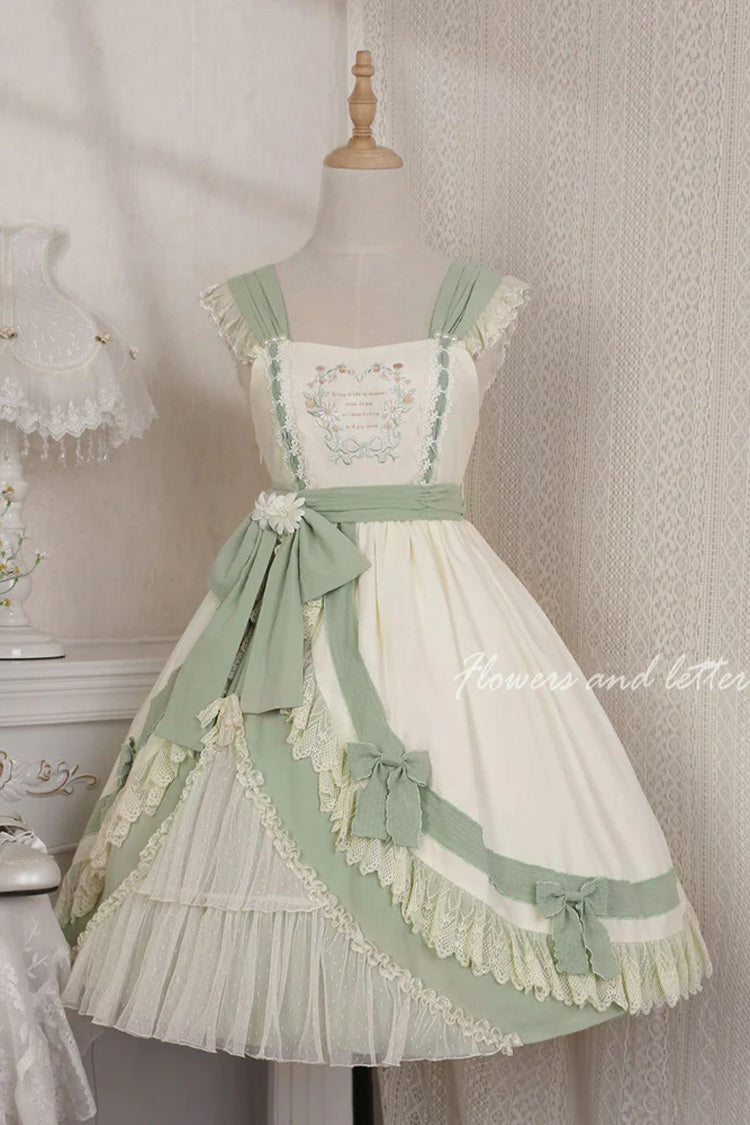 White/Green Country Style Daisy Poem Elegant Boat Neck High Waisted Sweet Lolita Jsk Dress - Product - 8