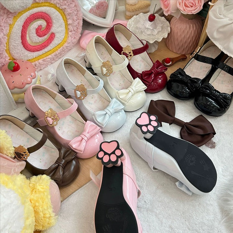 Cute Cat Element Round-Toe Bow Mary Jane Shoes with Cat Paw Heels 7 Colors - Product - 3