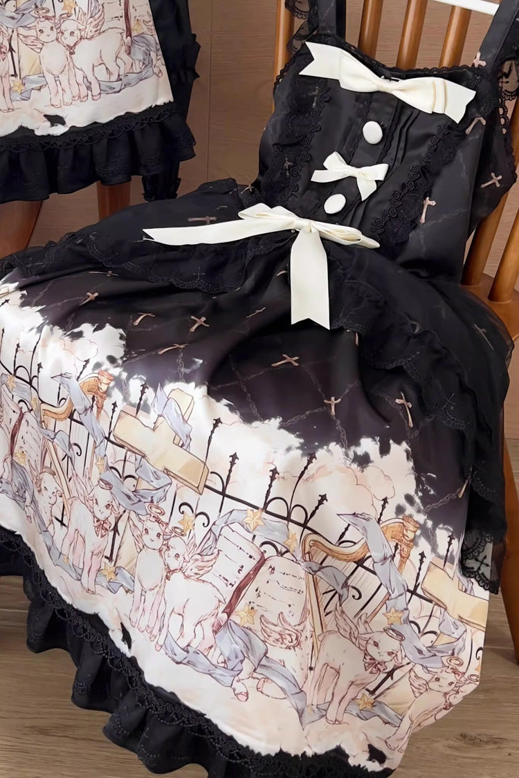 [Angel Lamb] Sleeveless Printed Ruffled Bow Sweet Lolita Jsk Dress 3 Colors - Black/White - 9