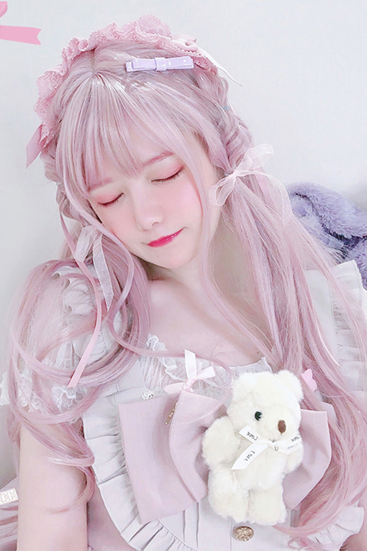 Pink Long Curly Hair Oblique Bangs Sweet Lolita Wig - Product - 2
