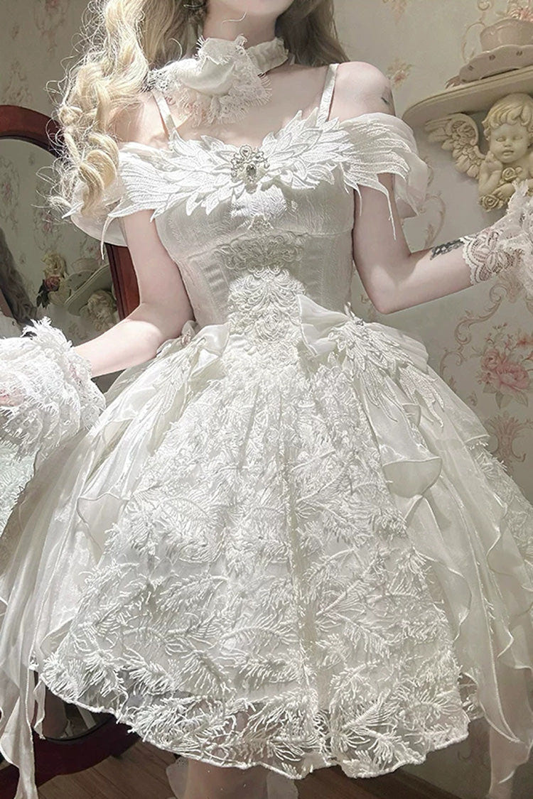 White [Feathers Floating In The Air] Square Collar Flutter Sleeves Embroidered Bow Lace Sweet Lolita Jsk Dress - Product - 8