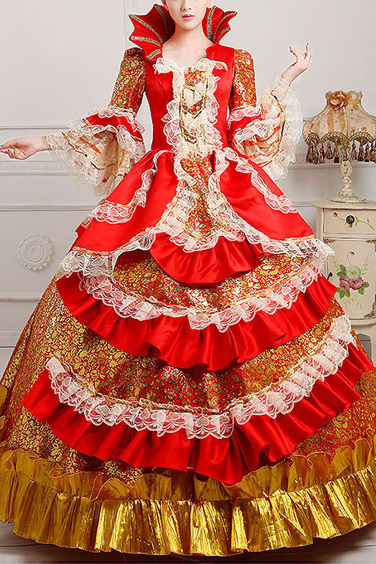Trumpet Sleeves Stand Collar Lace Stitching Ruffled Multi-Layer Victorian Lolita Prom Dress - Wine/Golden - 2