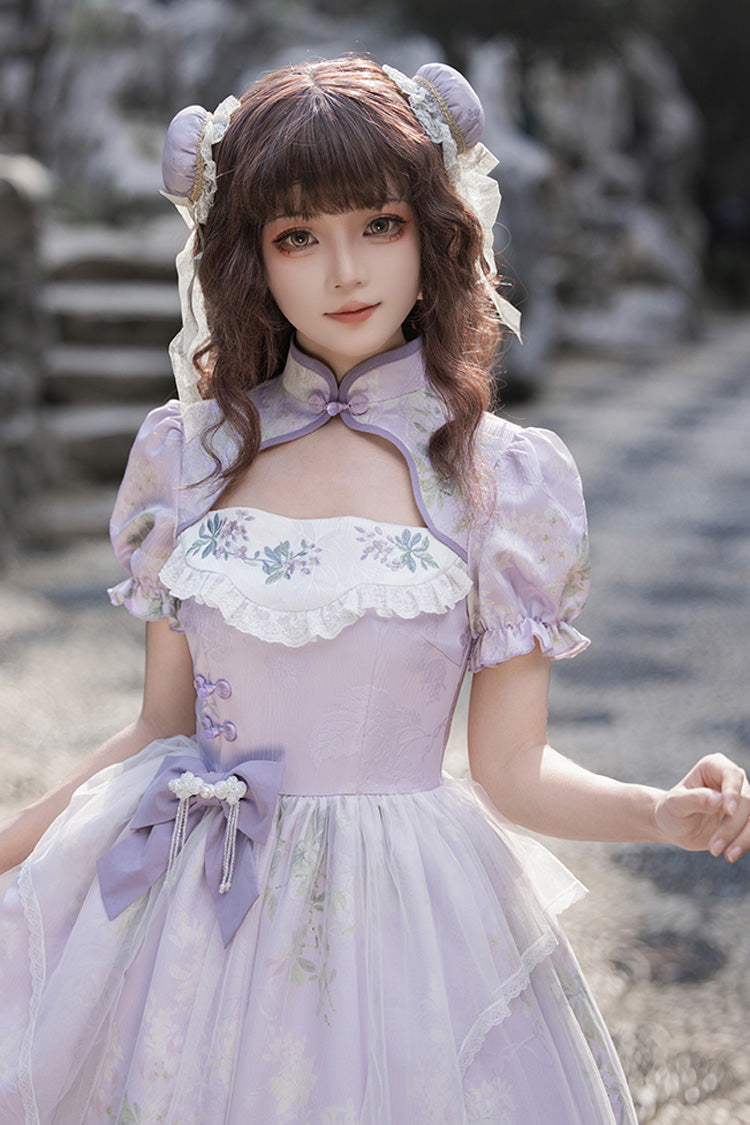 Purple Lilac Short Sleeves Hollow Embroidery Sweet Chinese Cheongsam Style Lolita Dress - Product - 9