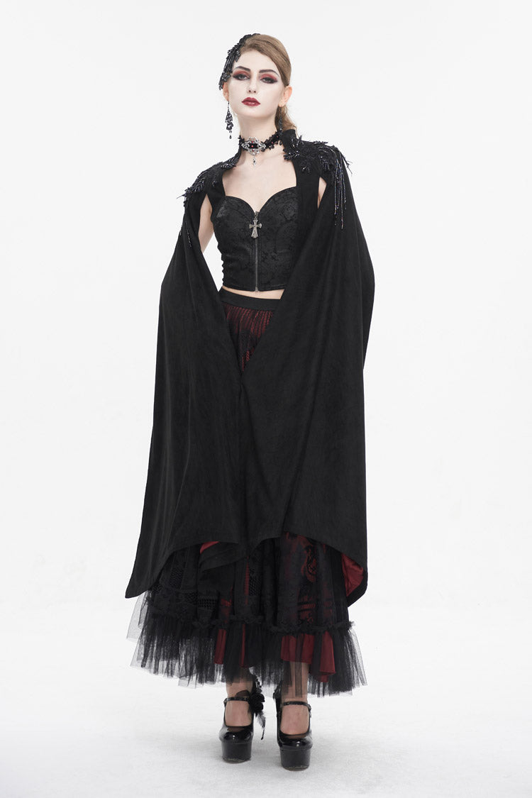 Black Stand Collar Floral Embroidered Women's Gothic Shirt Cloak - Product - 2