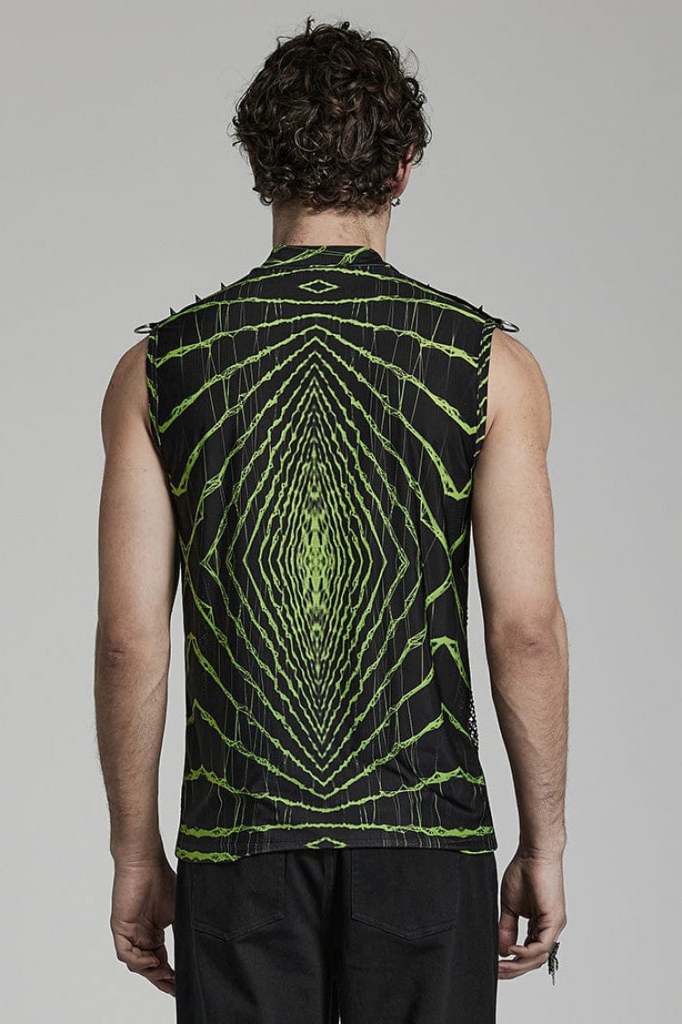 Halo Print Sleeveless Stitching Mesh Rivets Mens Steampunk T-Shirt 2 Colors - Product - 6