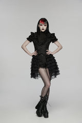 Black V Collar Short Sleeves High Waisted Jacquard Ruffled Cut-Out Embroidered Lace Slim Women's Gothic Vest - Black - 1