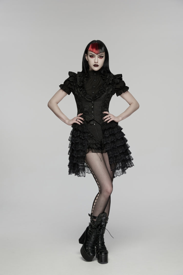 Black V Collar Short Sleeves High Waisted Jacquard Ruffled Cut-Out Embroidered Lace Slim Women's Gothic Vest - Black - 1